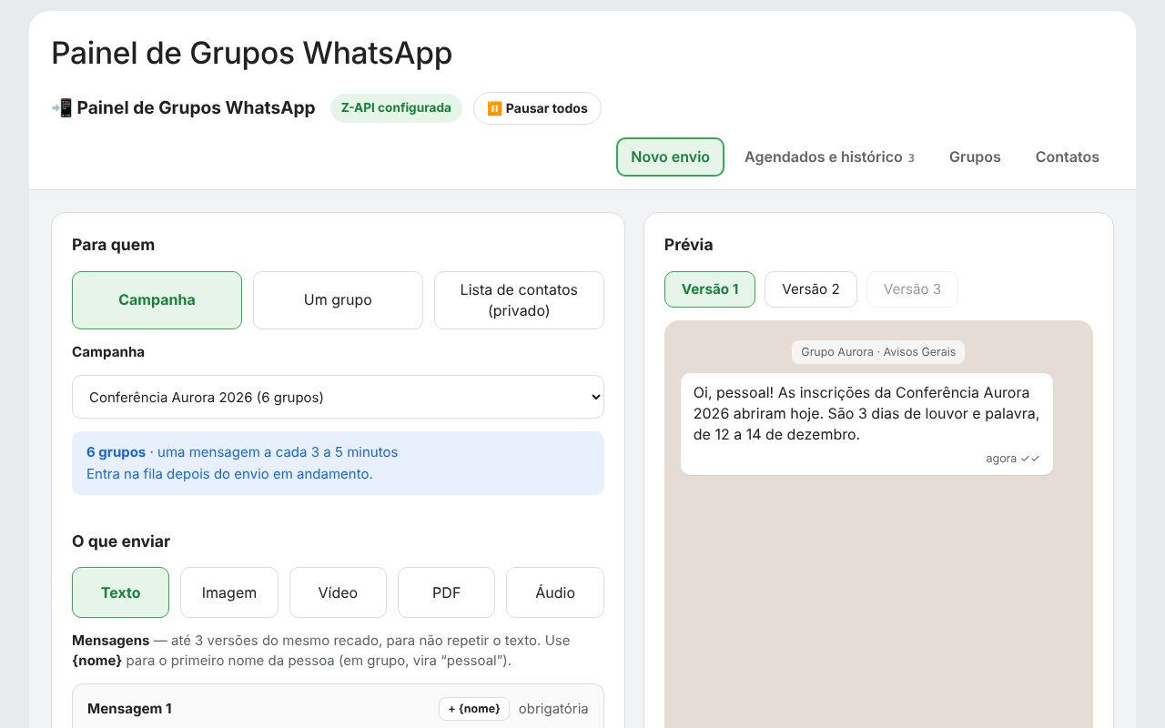 Tela do Gestor de Grupos de WhatsApp