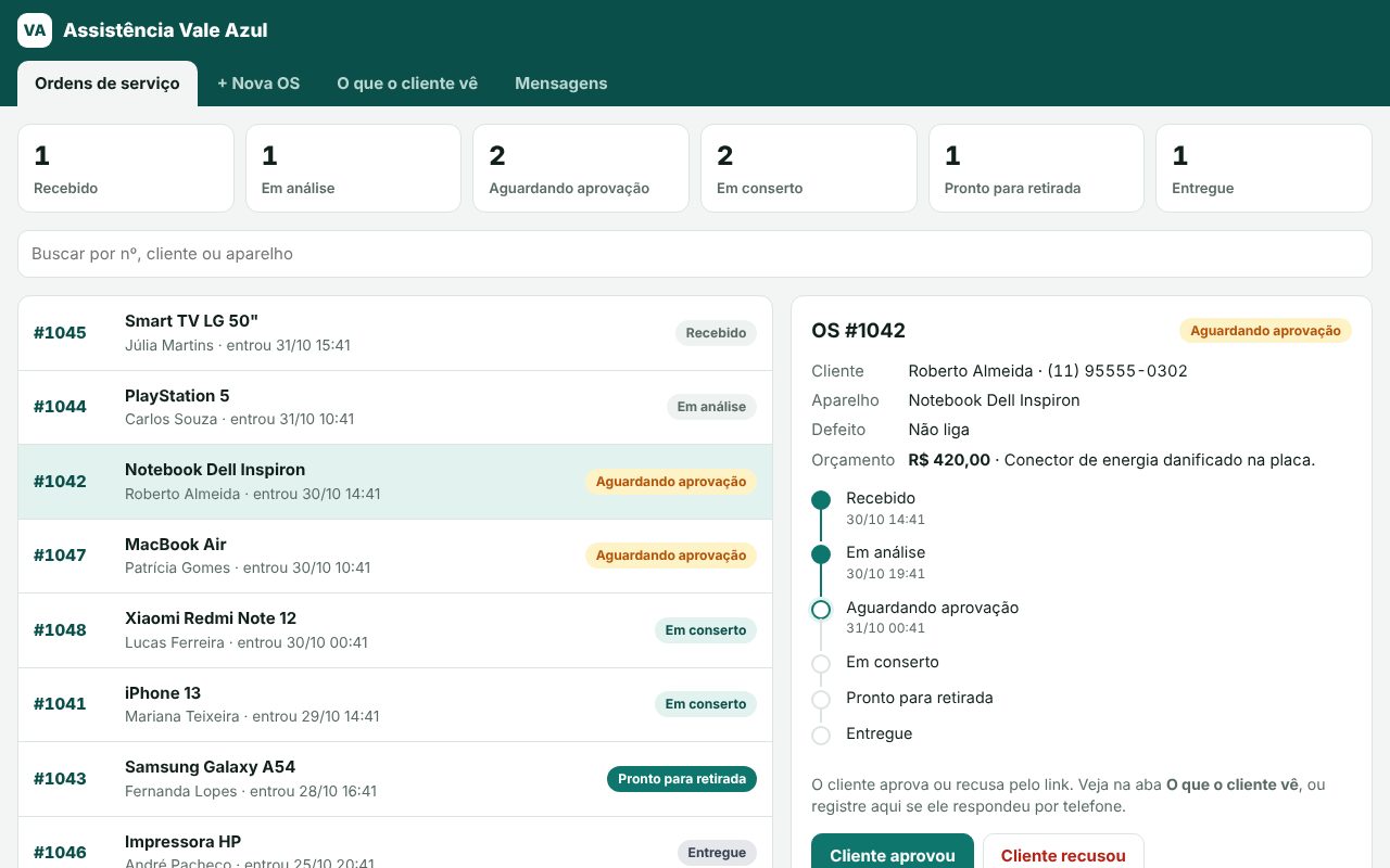 Tela do Sistema de Ordens de Serviço com Aviso no WhatsApp